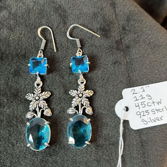 NWT NATURAL SWISS BLUE TOPAZ FLORAL DANGLE EARRINGS 925 STERLING SILVER 2.1” - Picture 6 of 8